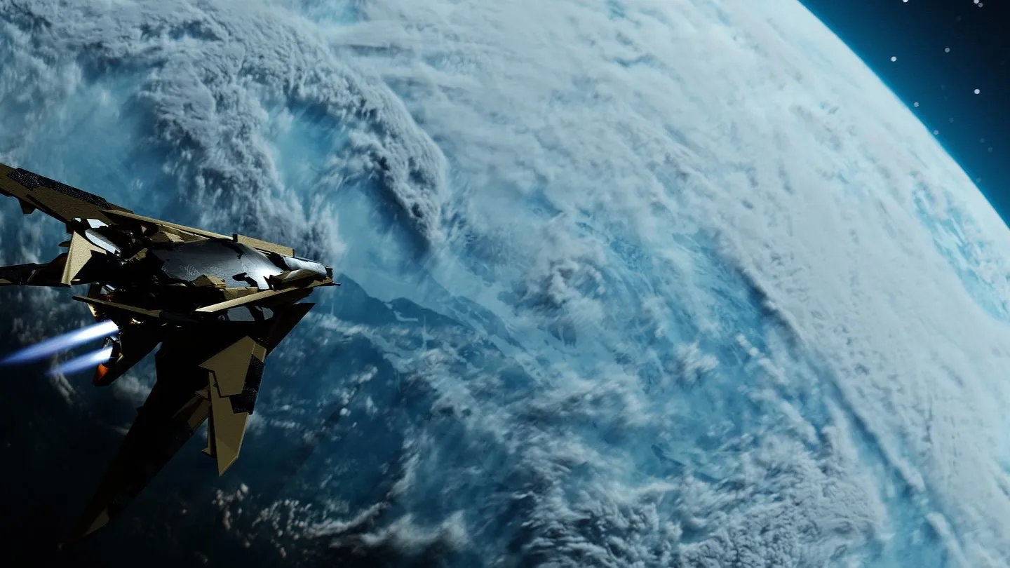 A spacecraft soars above the planet, as seen from space. "The Cosmic Future Let's Keep Dreaming" inspires us to reach for the stars.