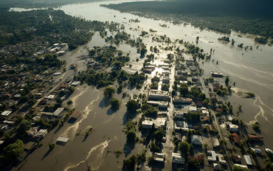 Aerial view of a town submerged in floods, with houses partially submerged in water.