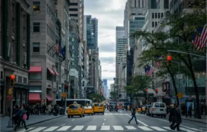 Urban cooling techniques in cityscape with tall buildings, taxis, and pedestrians.